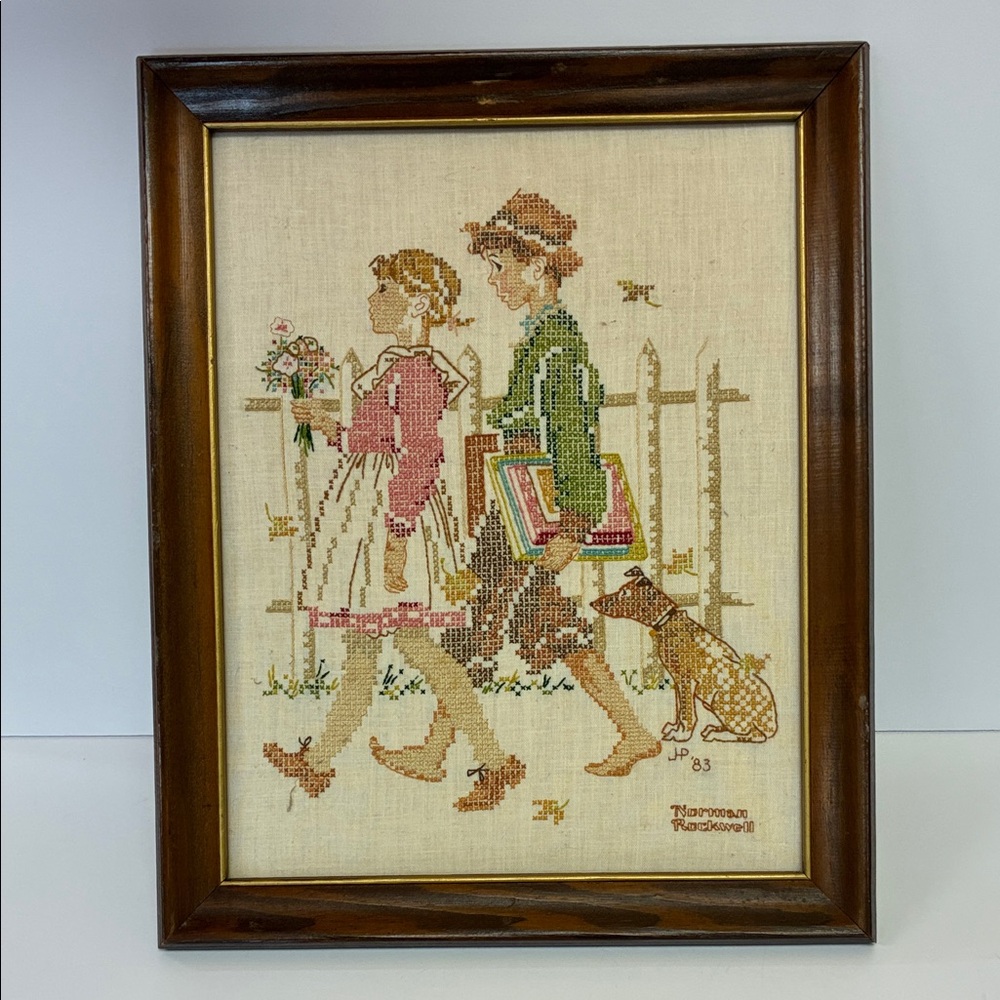 Charming Vintage Needlepoint Art in Wooden Frame